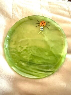 Vintage Fused Marbled Glass Trinket Dish/Plate with a fused on Ladybug insect